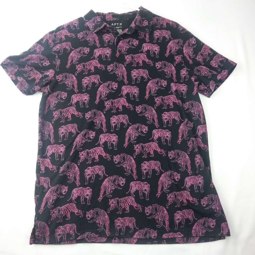 APT 9Tiger All Over Print Button Up Shirt Men's M Black Pink Short Sleeve
